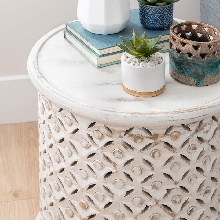 White Boho Round Side Table Bohemian Eclectic Farmhouse Wood Stained