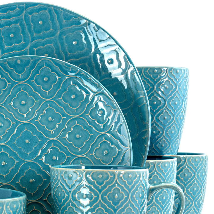 16 Piece Round toneware Dinnerware Set in Aqua Blue Textured Casual Microwave