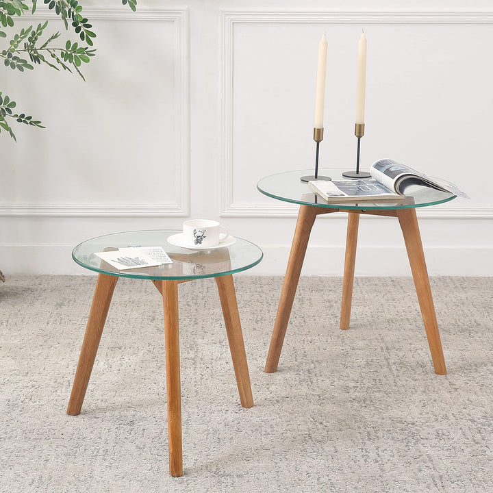 Round Wood/Tempered Glass Nesting Coffee Table (Set of 2) Natural Modern