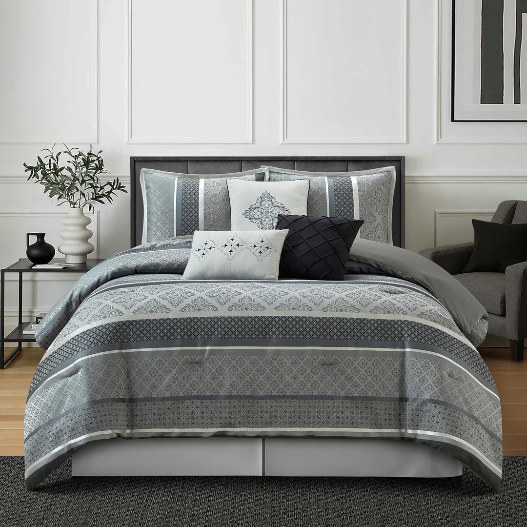 Stratford Park Jacquard 7 Piece Comforter Set Grey Bed Size Queen Geometric Grey - Queen