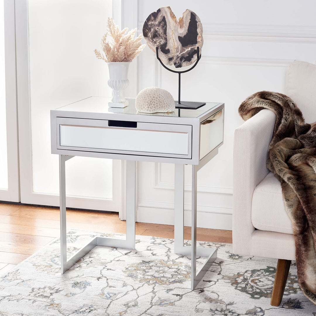 1 Drawer Mirrored Accent Table 23" W X 16" D 26" H Silver Glam ron Wood Matte