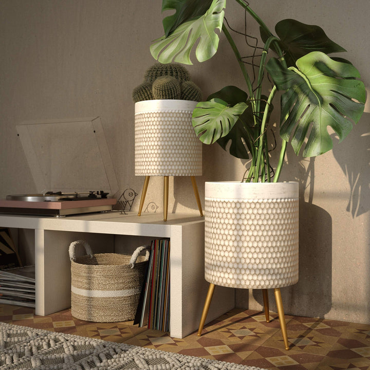 Modern Planters (Set of 2) Gold White Mid-Century Round Metal