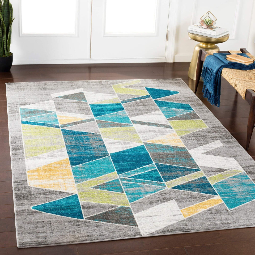 Teal Gray Mid-Century Geometric Area Rug (7'10" X 10'3") - 7'10" 10'3" Blue