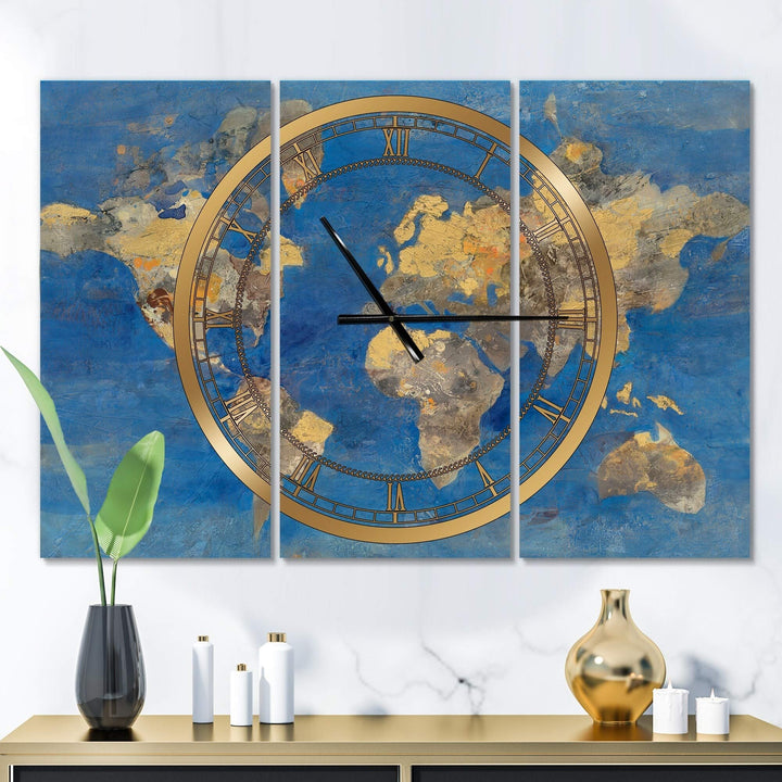 Golden Glam World Map' 3 s Oversized Wall Clock 36 in. Wide X 28 High