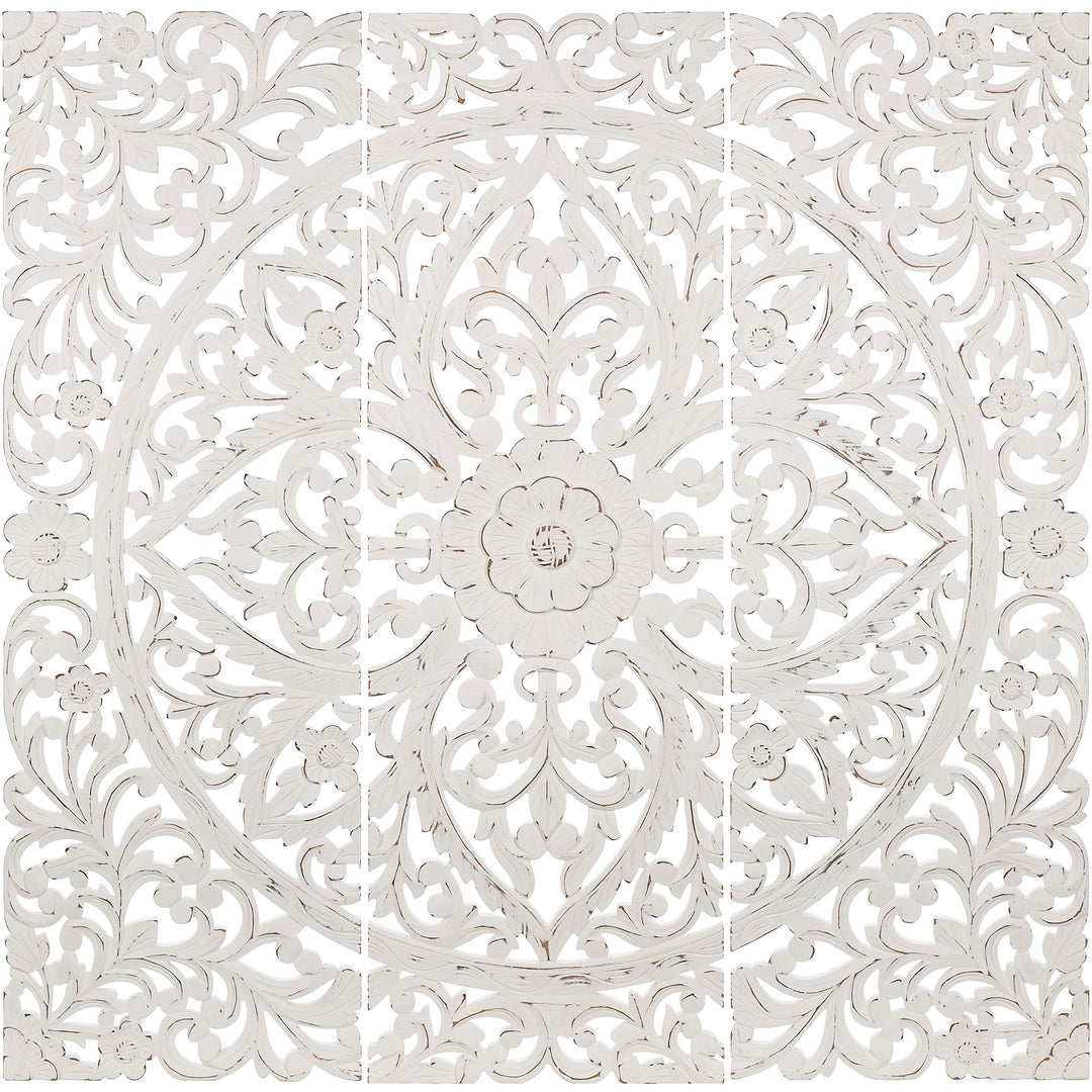 Floral Hand Carved Antique White Wooden 48x48-inch 3-Panel Wall Art Transitional