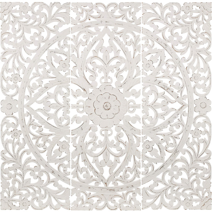 Floral Hand Carved Antique White Wooden 48x48-inch 3-Panel Wall Art Transitional