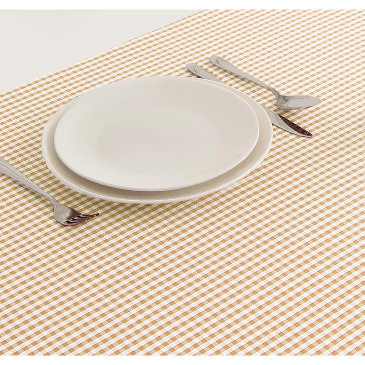 55"x94" Peva Vinyl Beige Plaid Tablecloth with Flannel Backing Table Cover - Diamond Home USA