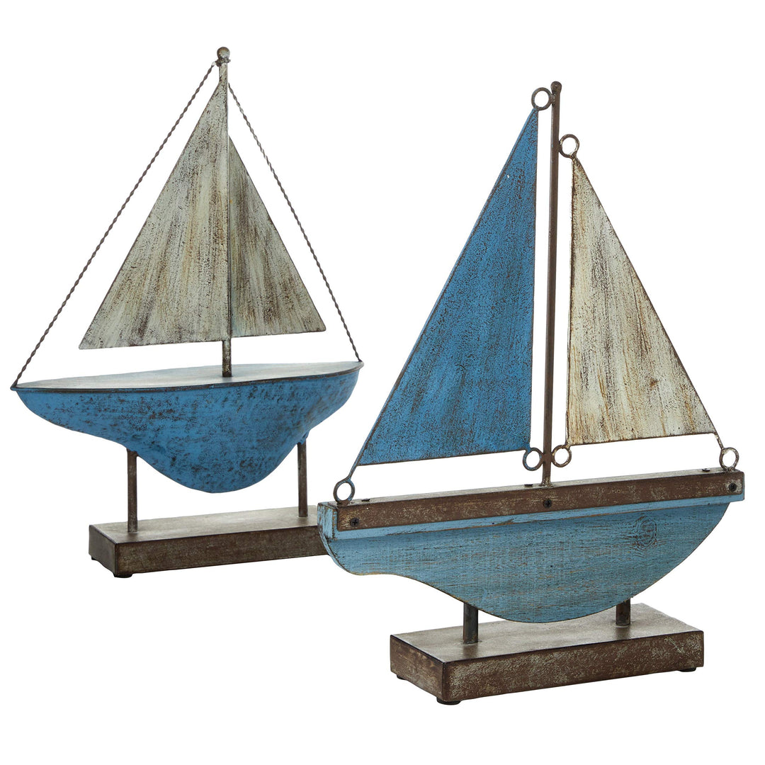 Blue and White Metal Boat Sculptures Set of 2 13 X 3 16 Multi Color Nautical