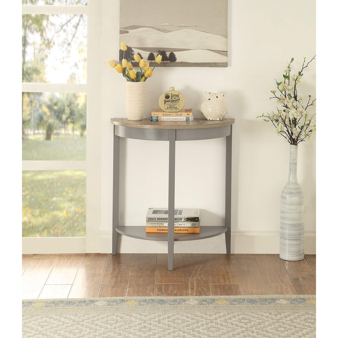 Grey Oak Finish Semi Circle Demilune Table for Small Hallway Entryway Space