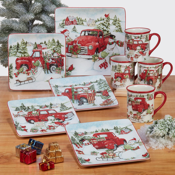 Red Truck Snowman Rectangular Platter 16" X 12" Multi Color White Casual