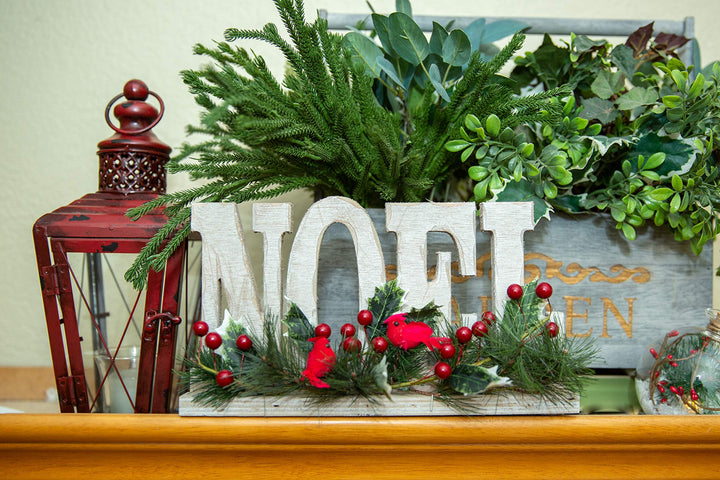 Flora Bunda 12 inch Noel Wood Sign w Cardinal Berries Christmas Home Décor