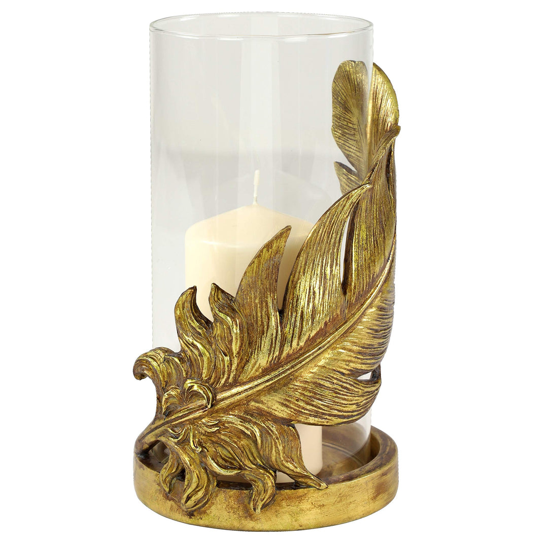 Large Metallic Gold Feather Candle Holder with Hurricane Glass 6" X 10" 6 10