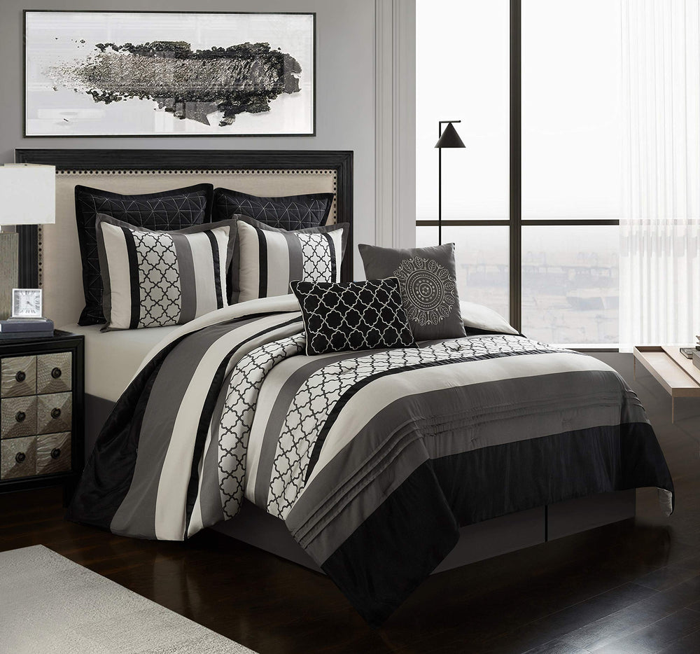 Stratford Park Bedding Striped Pintuck 8-Piece Comforter Set Black/Gray Grey/Black - California King