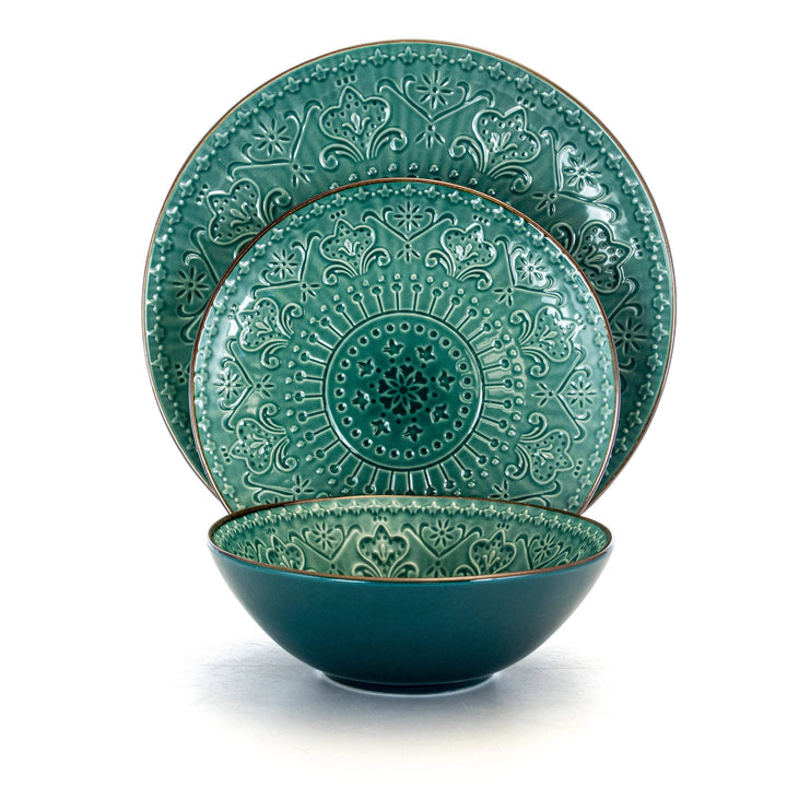 Deep Ocean Mandala 16 Pc Round Stoneware Dinnerware Set in Green Blue Textured