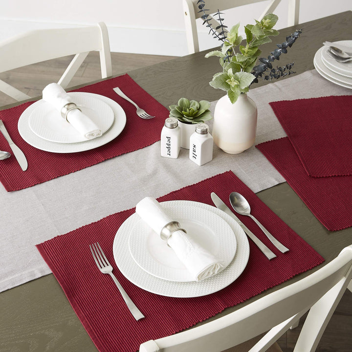 CC Home Furnishings Set of 6 Wine Red Ribbed Placemats 19” x 13"