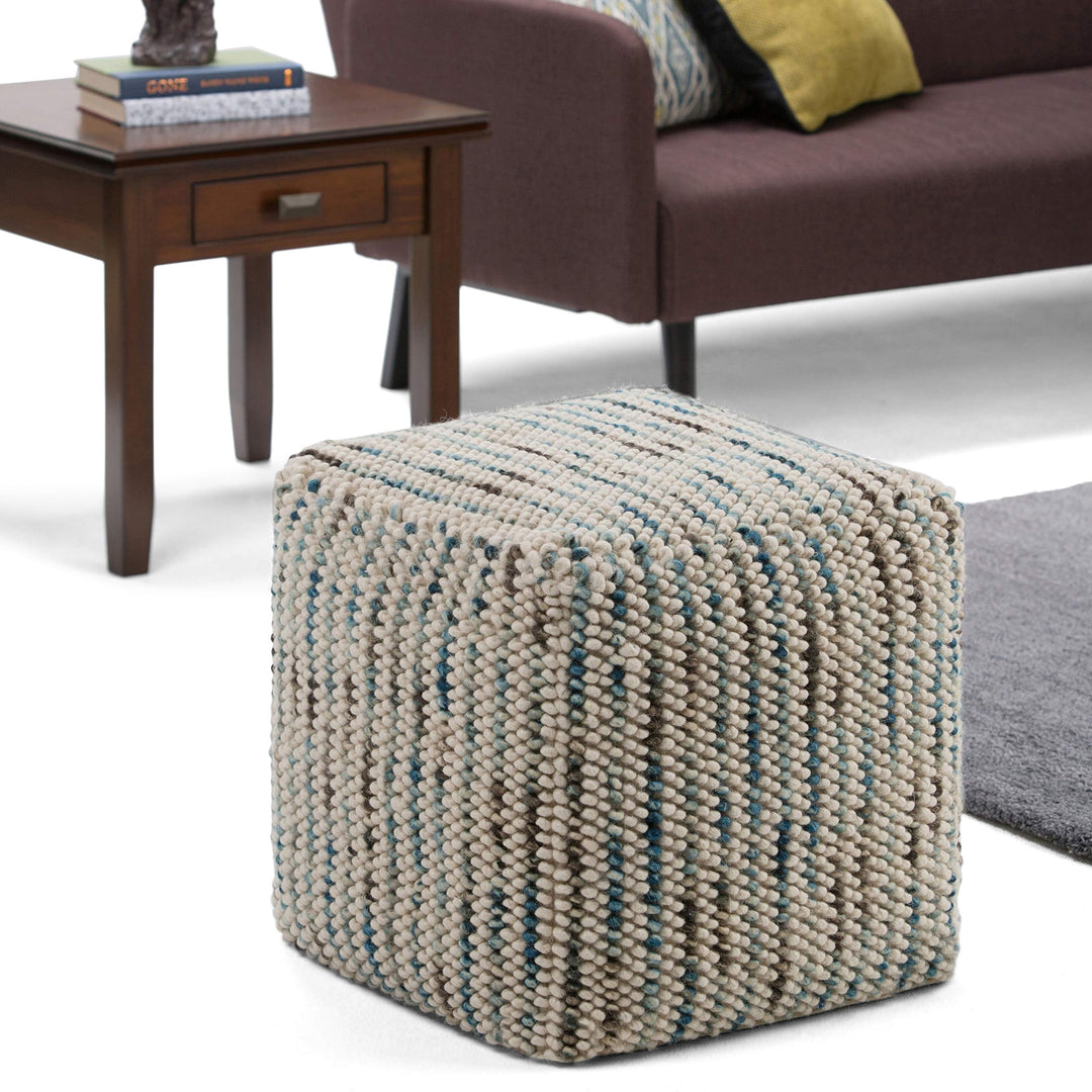 Transitional Cube Woven Pouf in Multi Color Cotton and Wool Abstract Casual