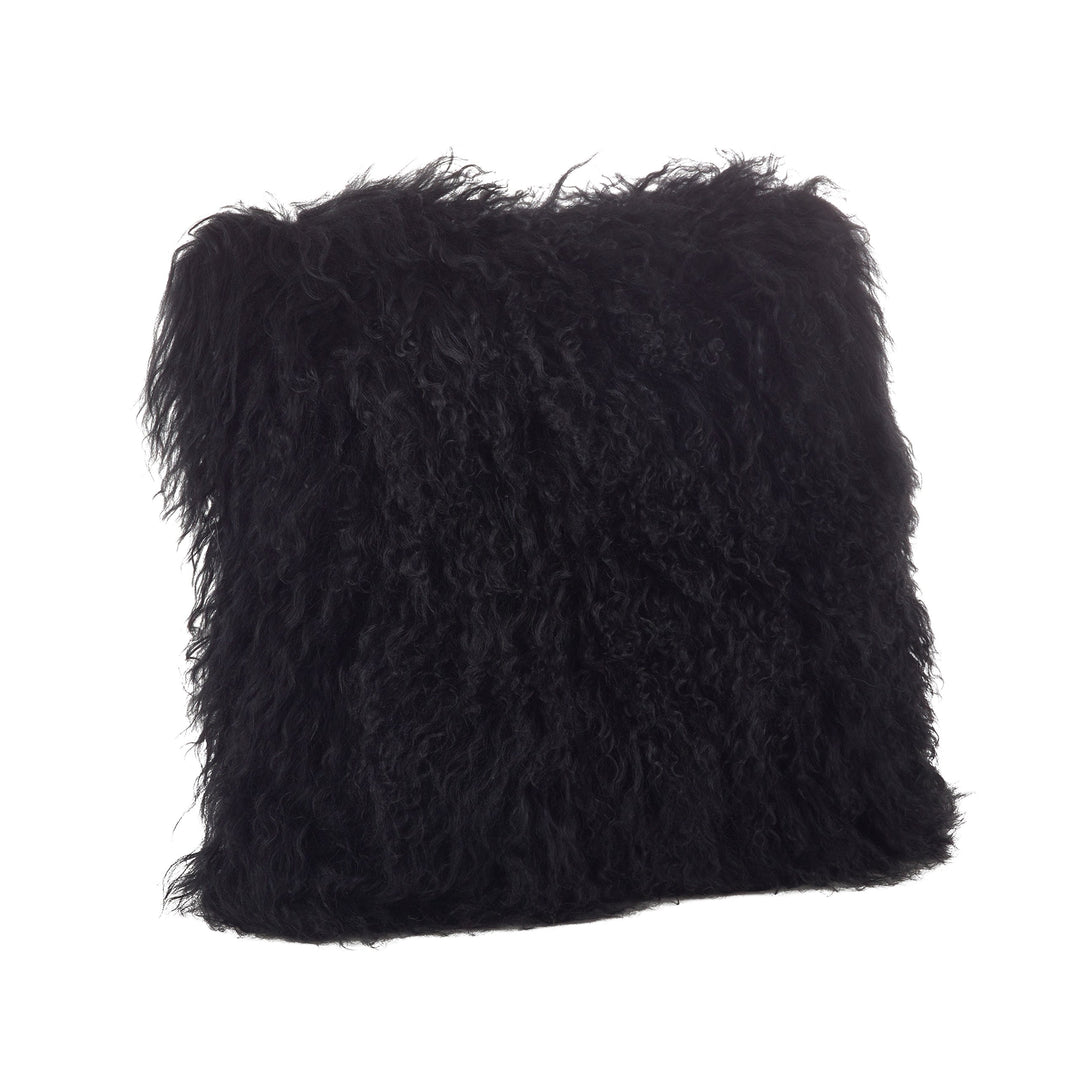 SARO LIFESTYLE 100% Wool Mongolian Lamb Fur Throw Pillow with Poly Filling 20" 20 X 20 - Black