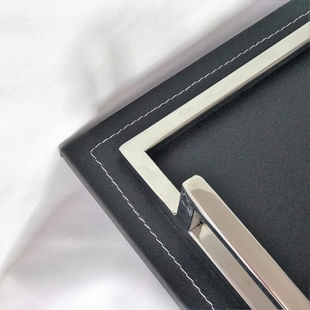 Silver and Black Leather Rectangular Tray with Side Chrome Handles Threaded Trim