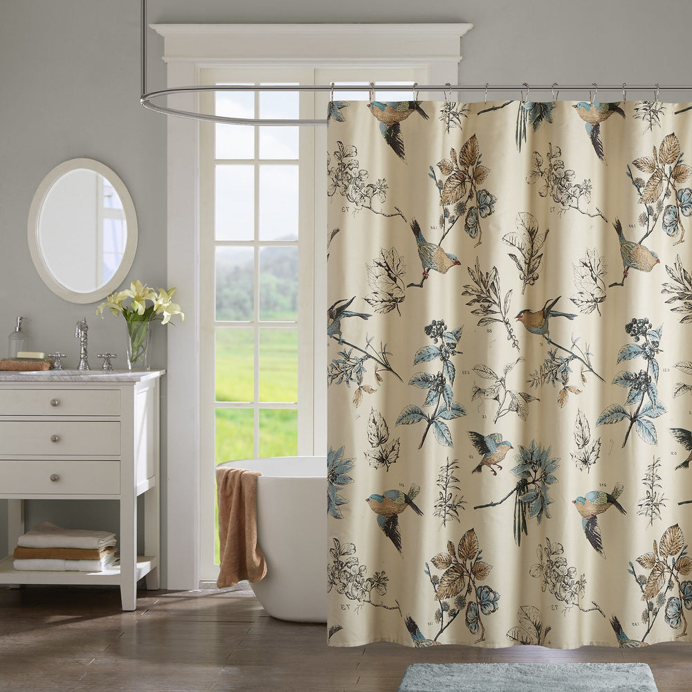 1 Piece Khaki Blue Birds Floral Pattern Shower Curtain 72"x72" Elegant Kids - Diamond Home USA