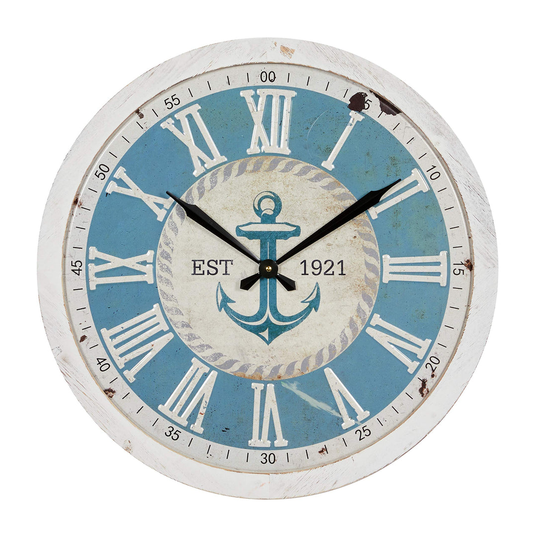 Large Round Blue and White Anchor Wood Wall Clock with Distressed Rim 3.75" X