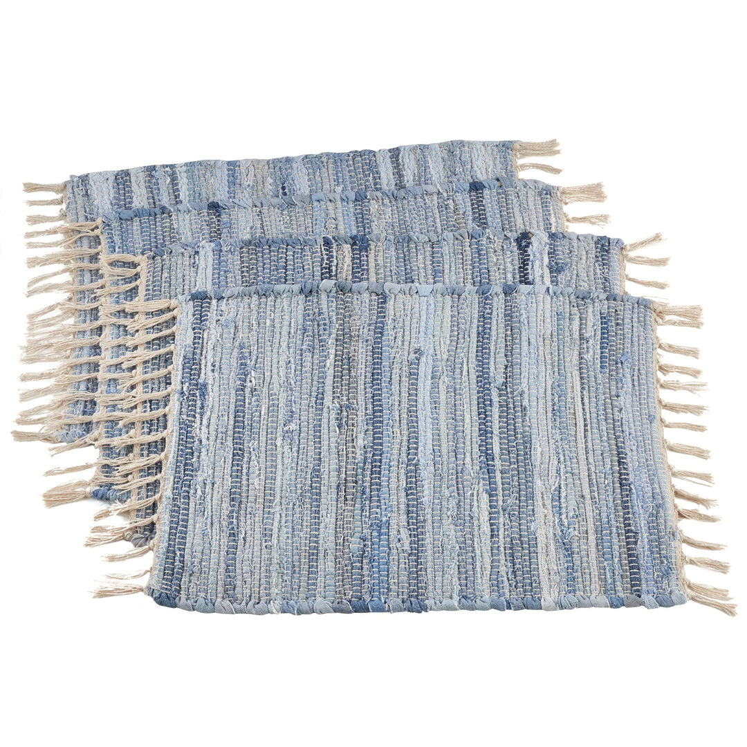 Rag Placemat with Tassels Set of 4 Denim Blue Striped Cotton Rags Fringed Chindi