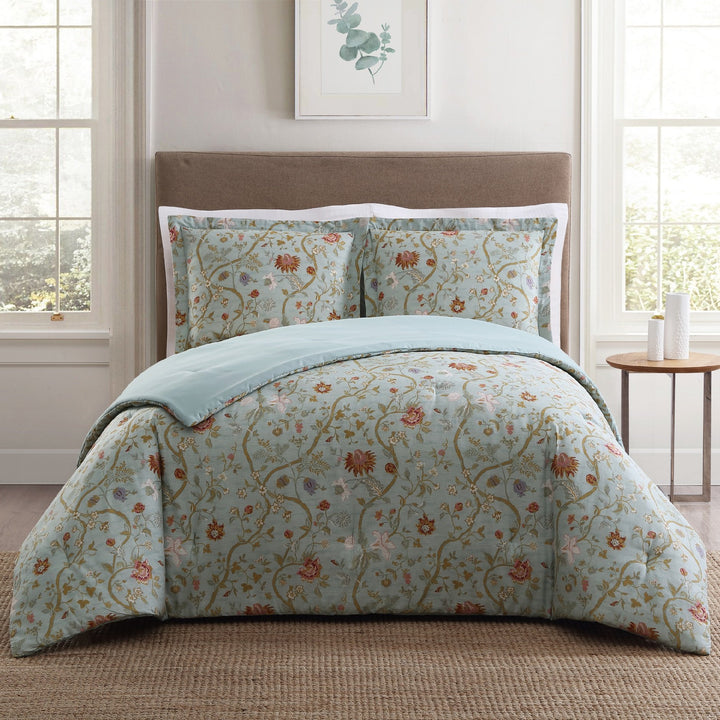 3 Piece Oriental Leafy Vines Themed Comforter Set Full/Queen Size Featuring Blue - Full - Queen