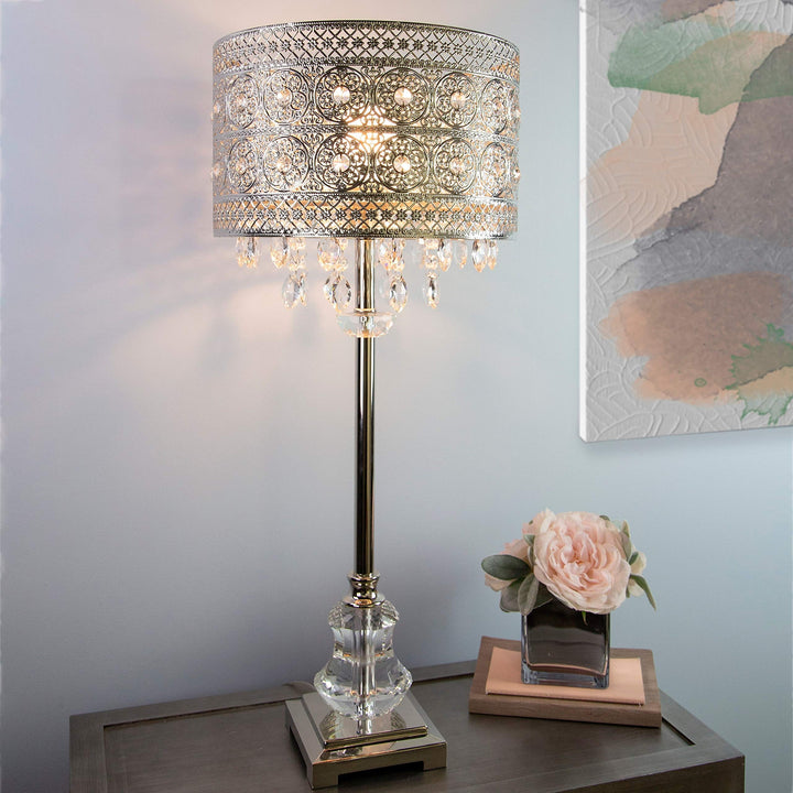 Polished Nickel and Crystal 1-Light Buffet Table Lamp - 12.2" l X 12.2" w 28.75"