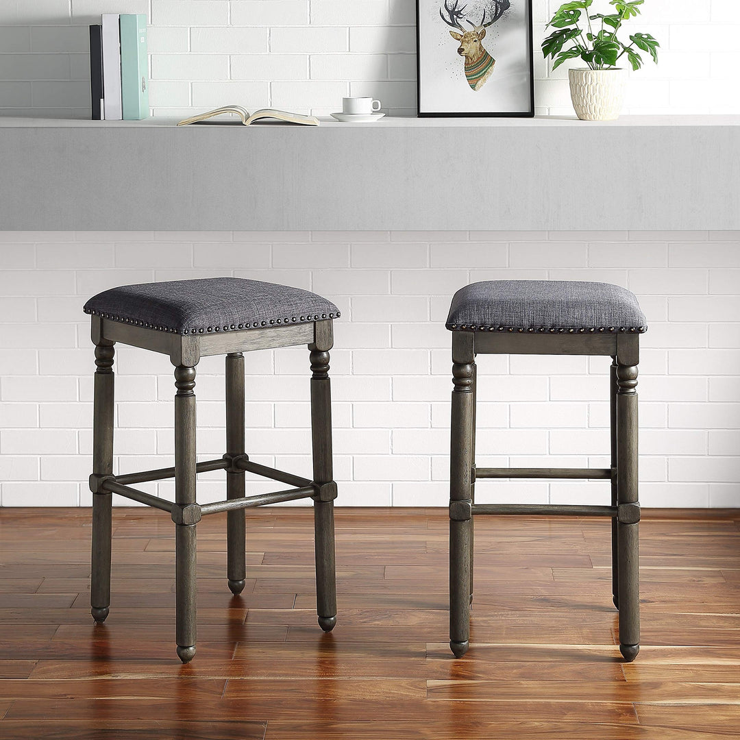 Wood Upholstered Swivel Bar Stools Set of 2 - Grey Tan Mid-Century Modern Fabric