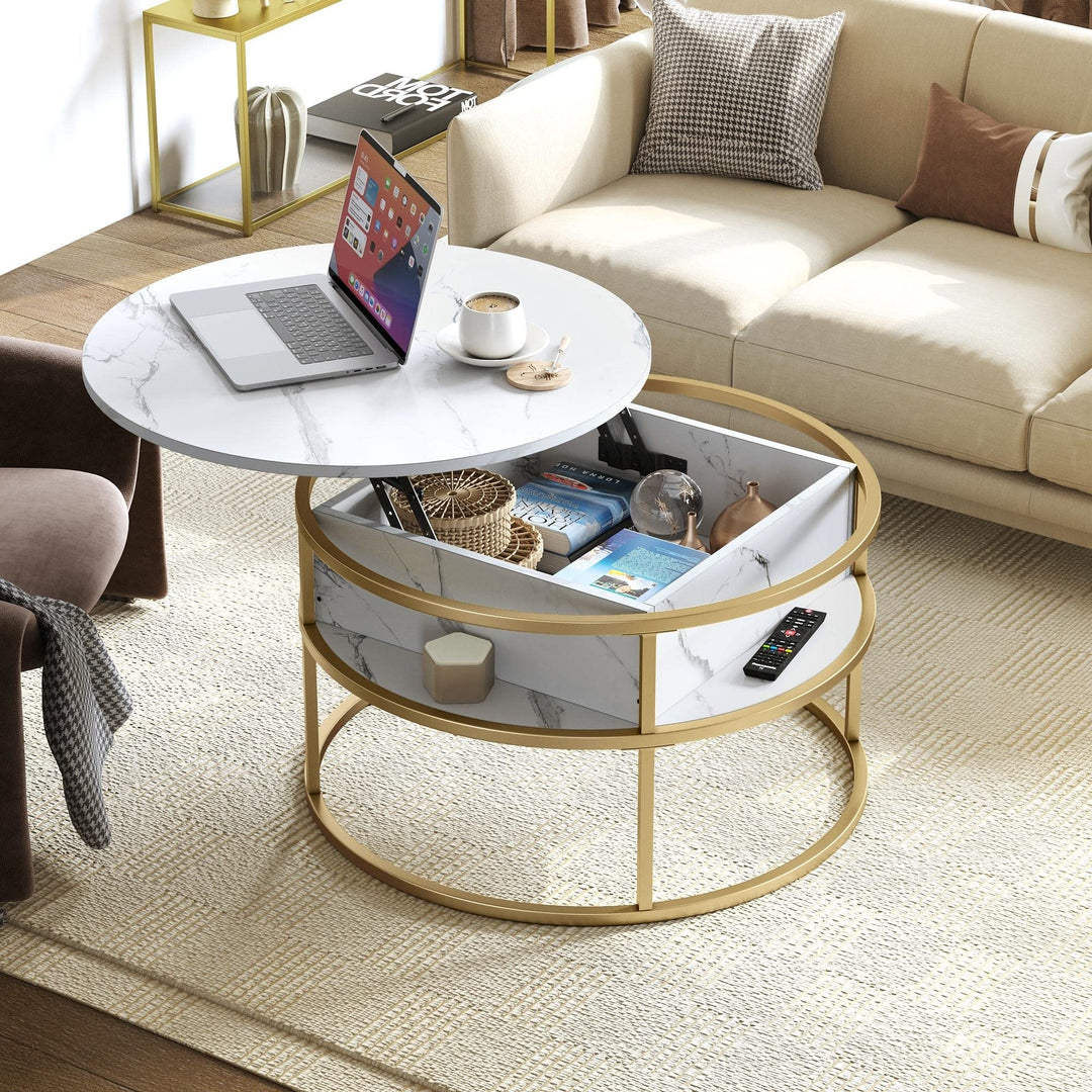 Round Lift Top Coffee Table White Marble and Frame Modern Contemporary