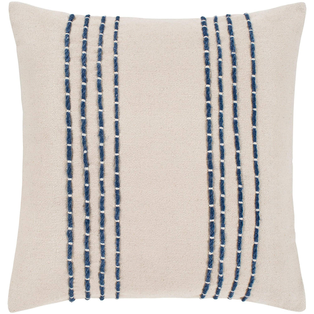 Cream Navy Hand Embroidered Feather Down Throw Pillow (22" X 22") Blue Off/White