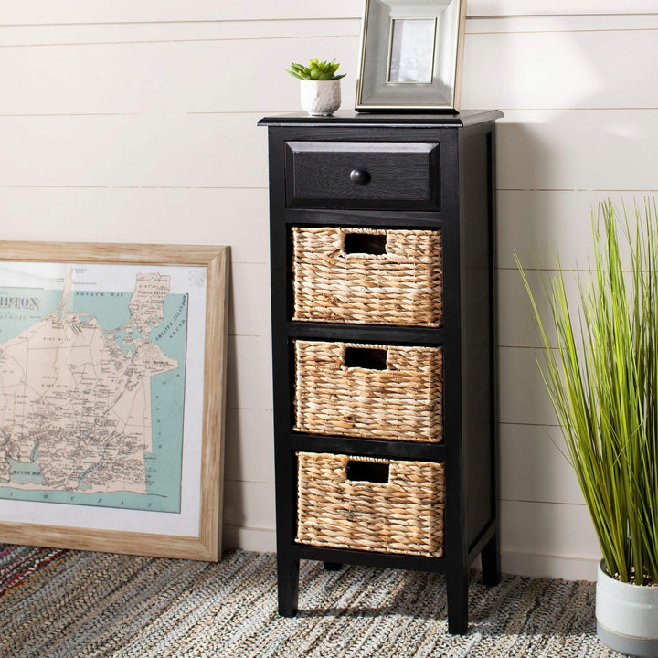 Distressed Black 4-Drawer Storage Side Table Farmhouse Rectangle Pine Wood