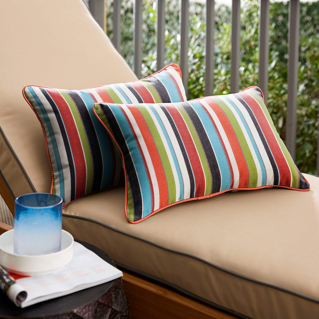 Colorful Stripe and Blue Indoor/Outdoor Corded Lumbar Pillows Set of 2-16 in H X 16 in x 26 in