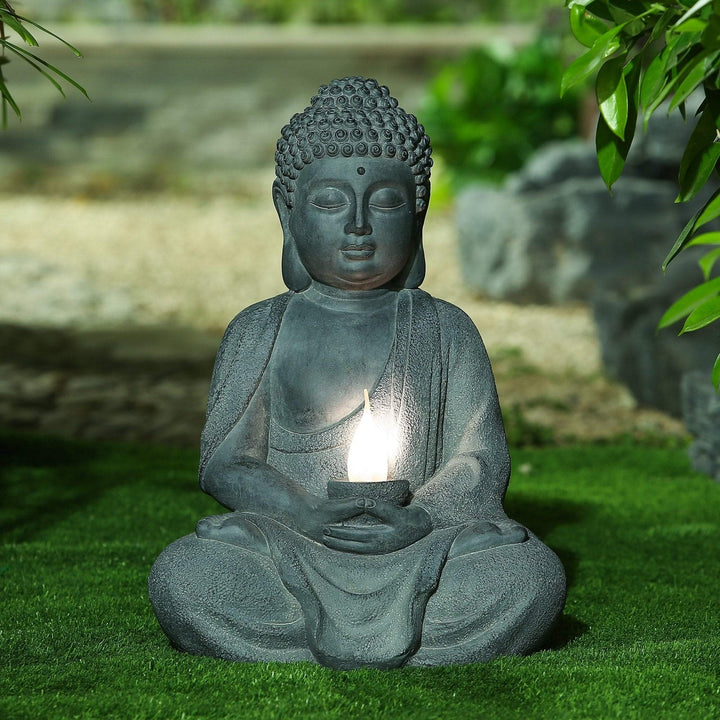 Meditating Buddha Garden Statue with Solar Light Grey Oriental Polyresin Bulbs