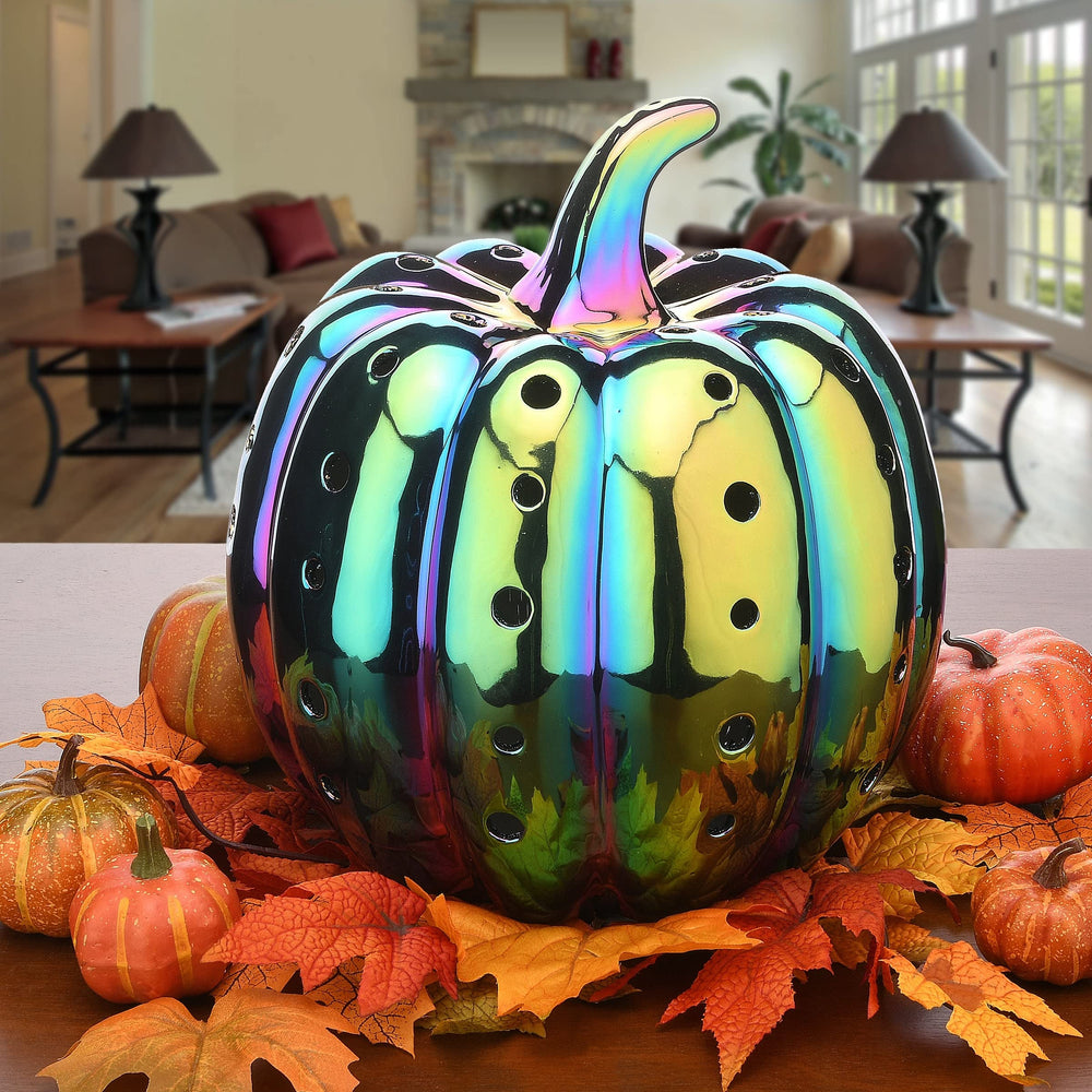 12" Led Lit Iridescent Pumpkin Black - Diamond Home USA