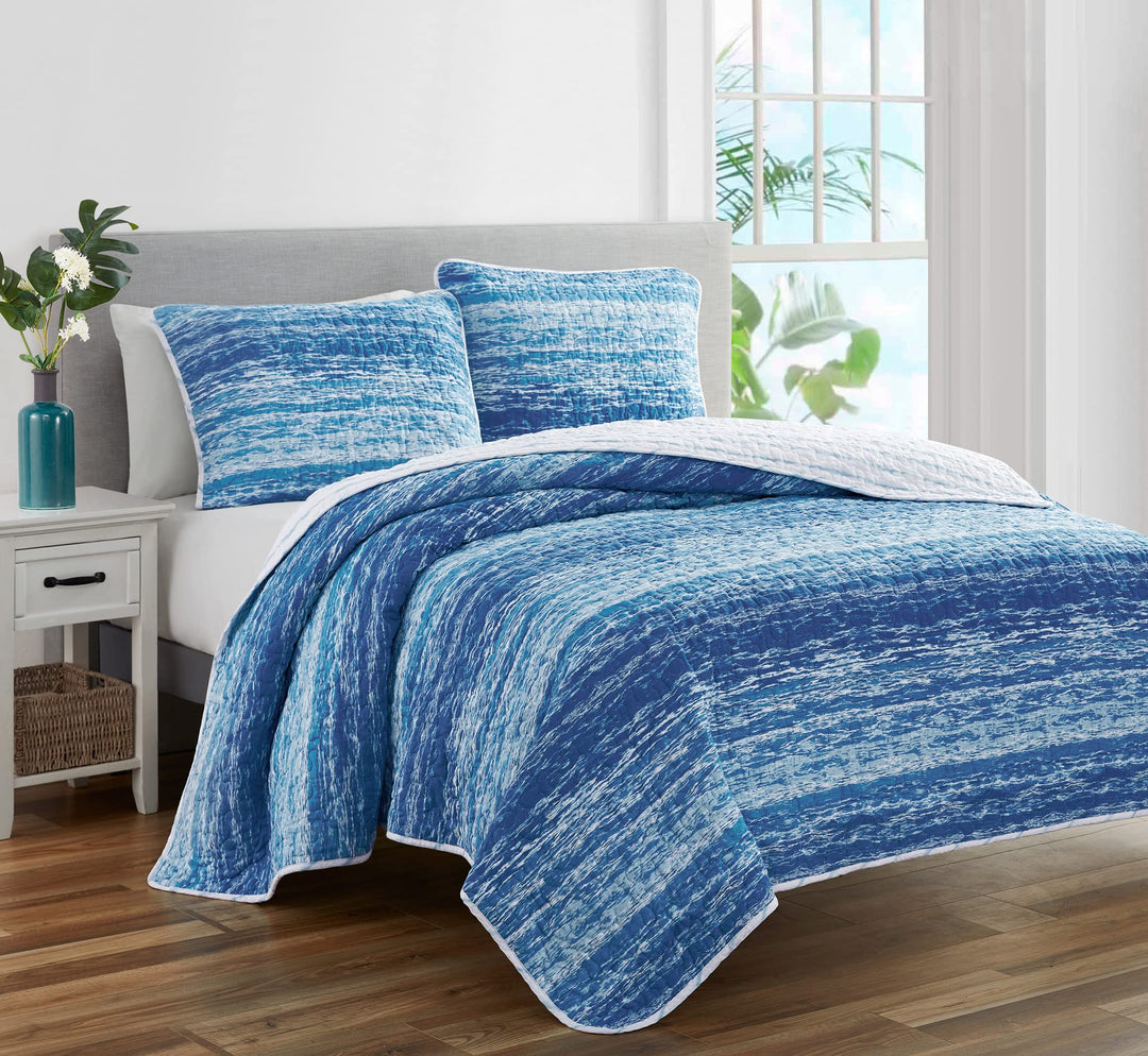 Ocean Stripe 3-Piece All Season Prewashed Quilt set Coastal Beach theme Ocean stripe - Full - Queen