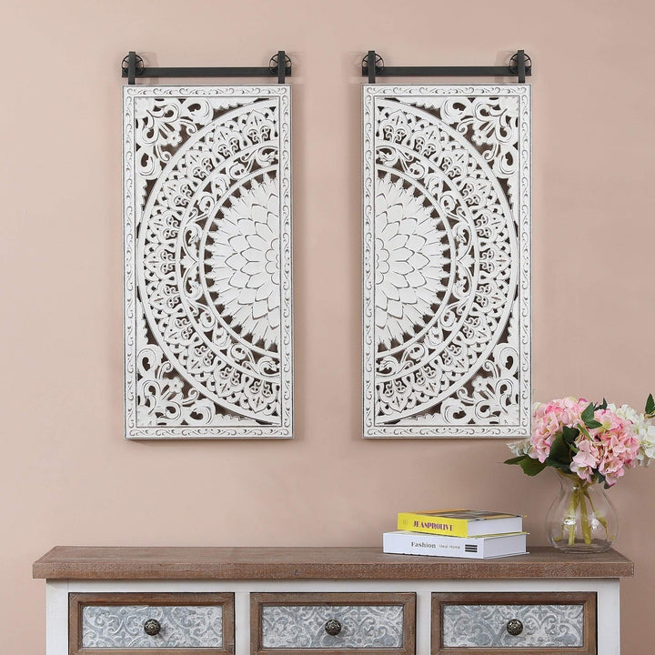 Set of 2 Decorative Carved Floral-Patterned MDF Wall Panel White ShabChic