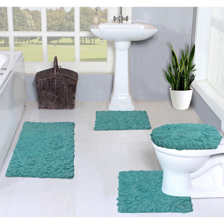 Home Weavers Bell Flower Collection 100% Cotton Tufted Bath Rugs Extra Soft Turquoise