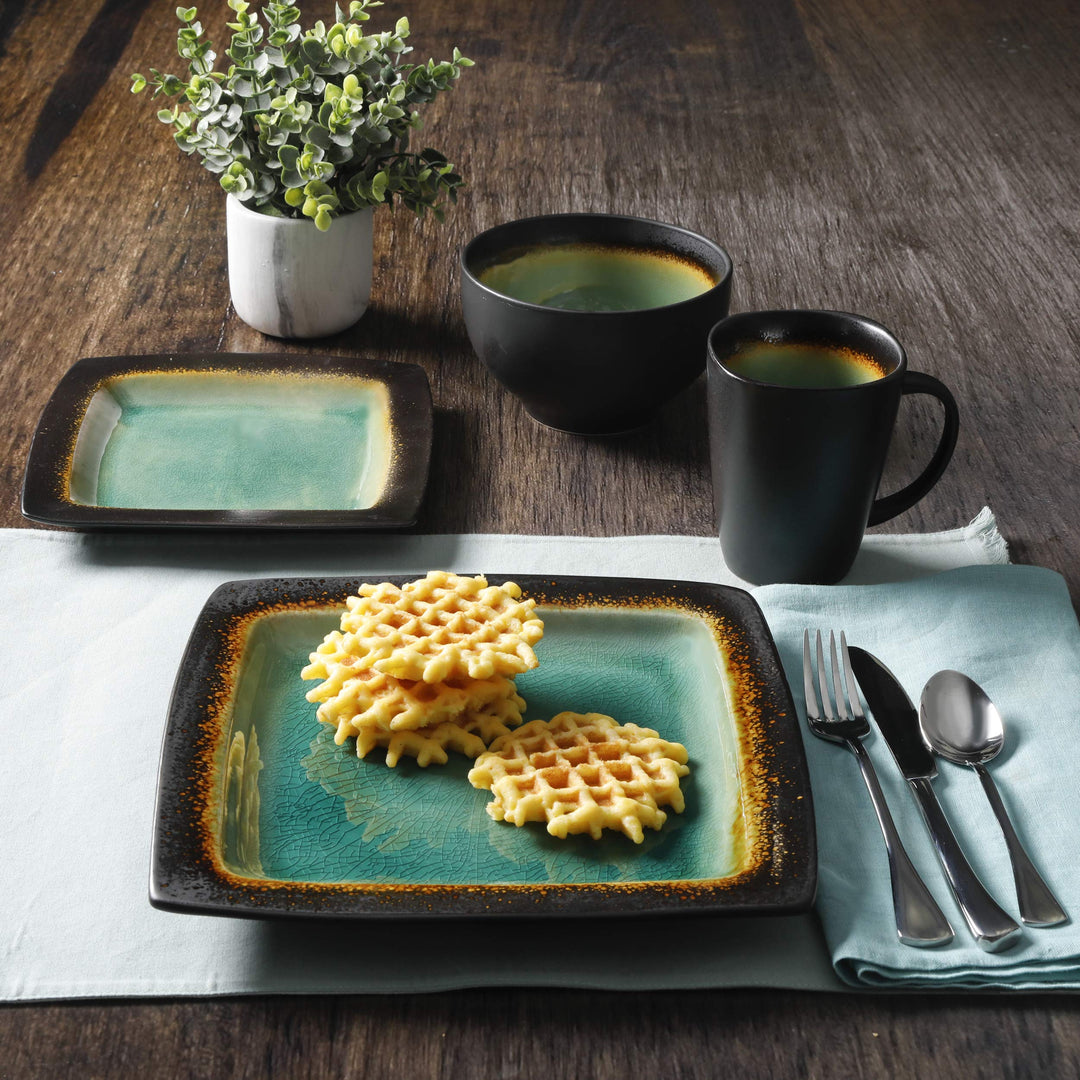 Gibson Elite Ocean Paradise Square Reactive Glaze Stoneware Dinnerware Set