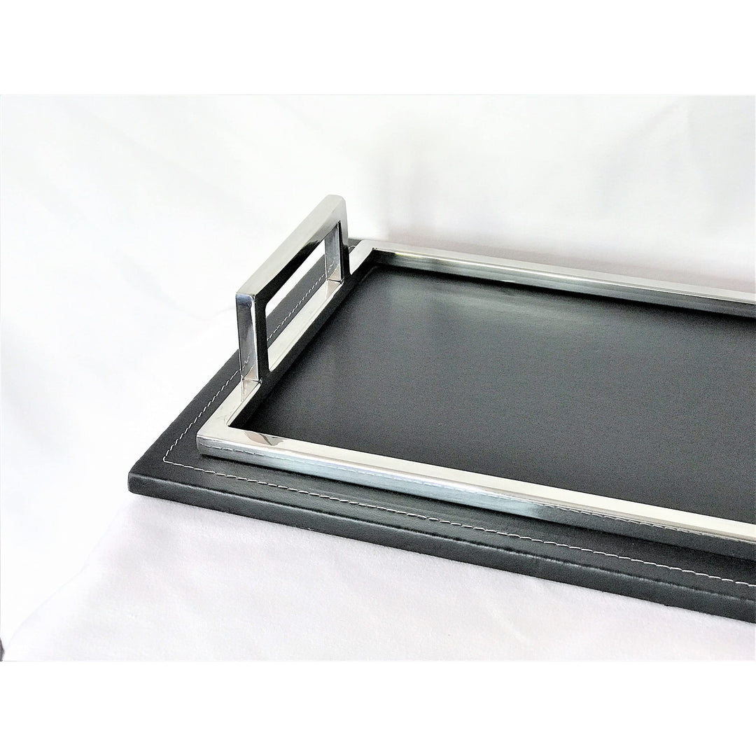 Silver and Black Leather Rectangular Tray with Side Chrome Handles Threaded Trim