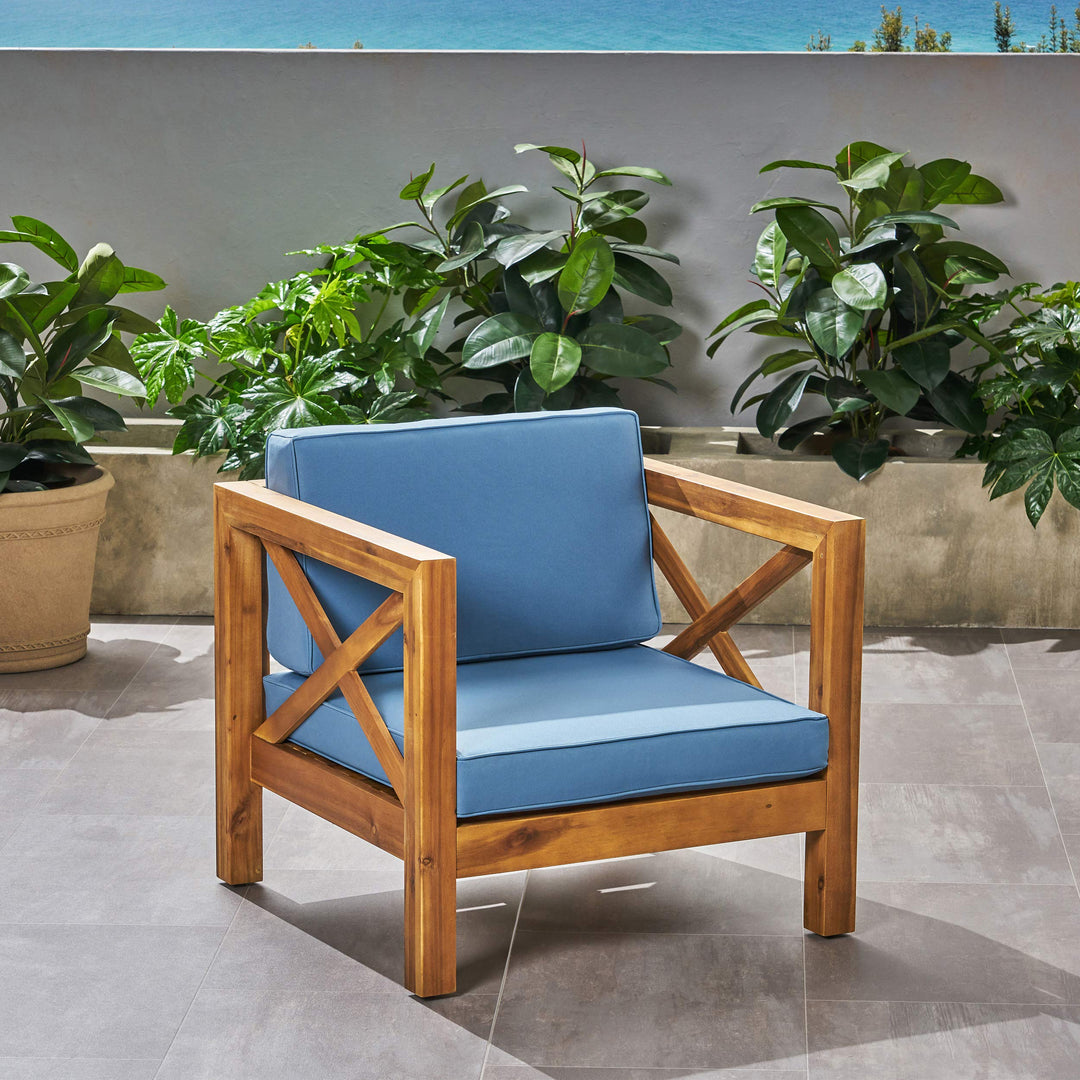 GDFStudio Outdoor Acacia Wood Club Chair with Cushion Teak Finish and Blue