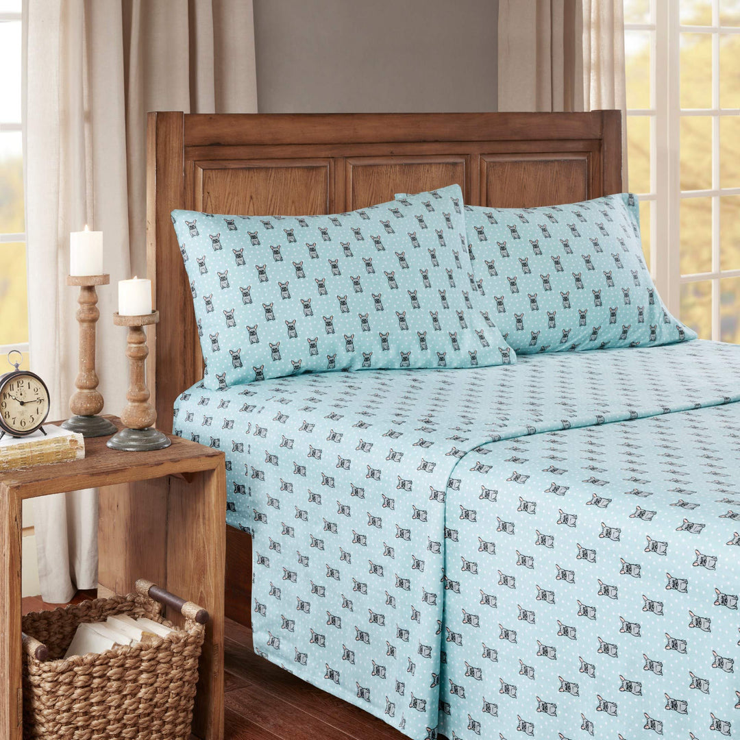 4 Piece Aqua Grey French Bulldog Flannel Sheet King Set Blue Bulldog Bedding King - aqua french bulldog