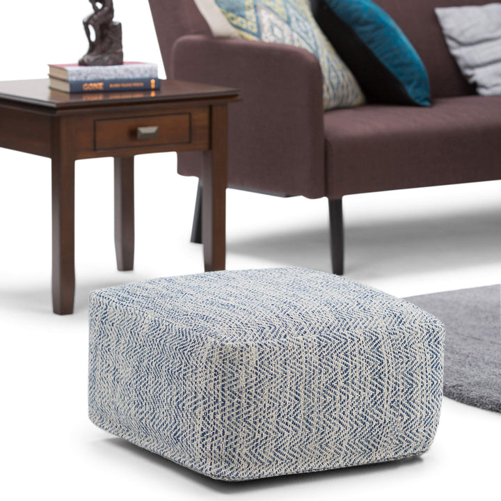 Transitional Square Pouf in Patterned Denim Melange Cotton Blue Geometric Casual