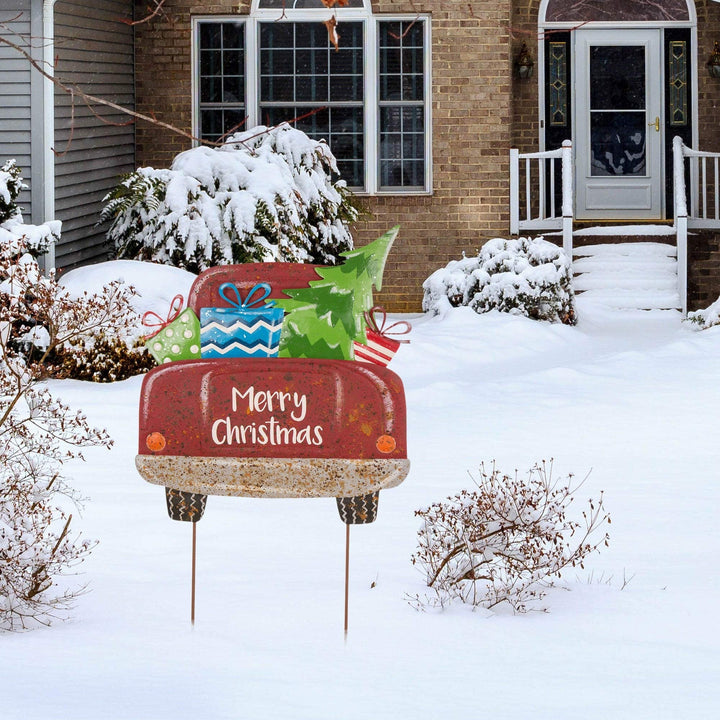 32" h Rusty Metal Christmas Truck Yard Stake Or Standing Decor Wall