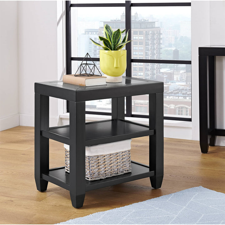 Black Glass Top 24" Tall Chairside Table with Shelf Modern Contemporary