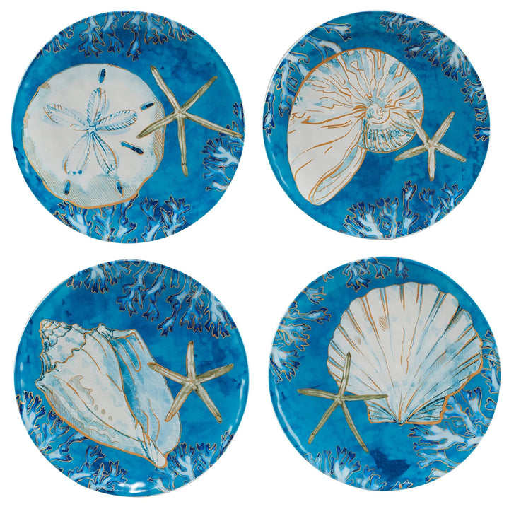 Shells 11-inch Dinner Plates Set Of 4 Blue Gold Grey Coastal Casual Farmhouse