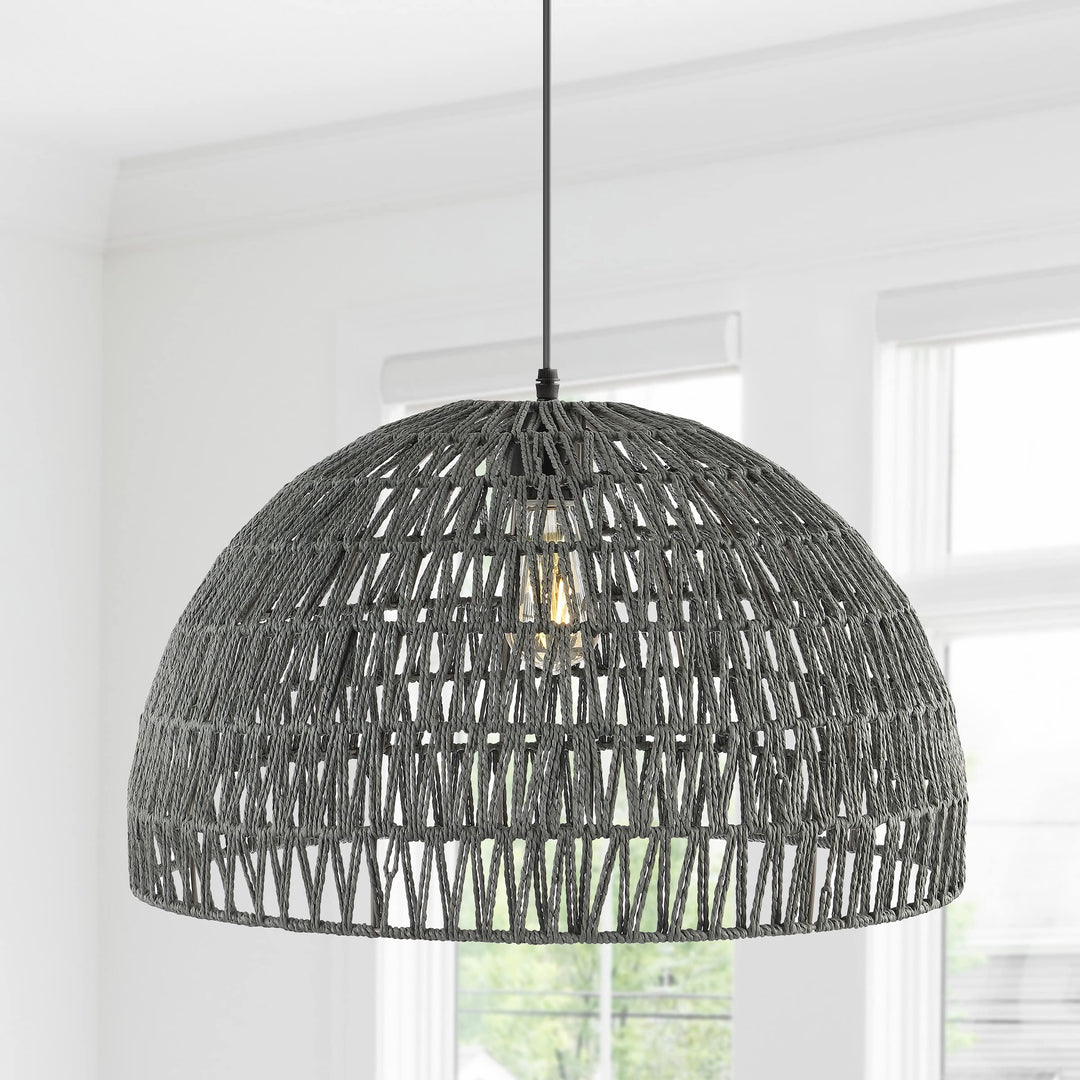 1-Light Bohemian Modern Woven Rattan/Iron LED Pendant, by JONATHAN Y