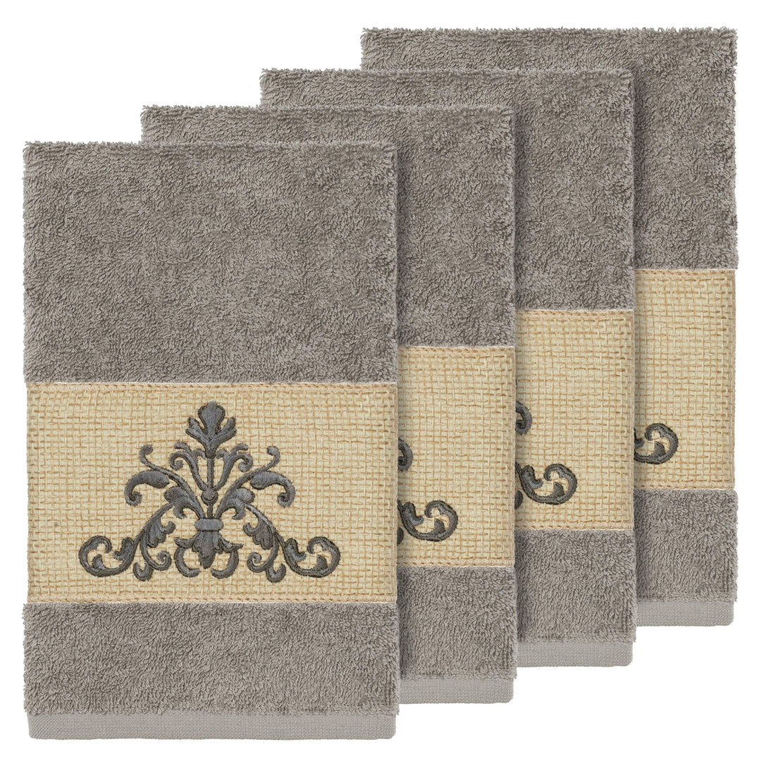 Grey Turkish Cotton Scrollwork Embroidered Hand Towels (Set of 4)