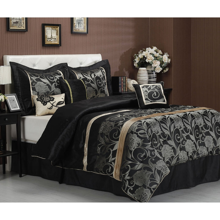 TL 7 Piece Silver Black Jacquard Flower Pattern Comforter Set Queen Dark Black