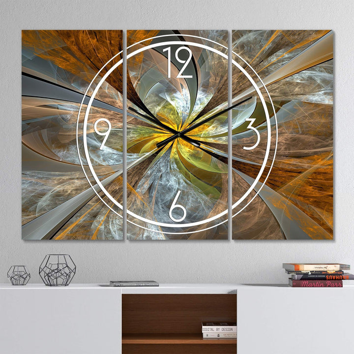 Symmetrical Yellow Fractal Flower' Modern 3 Panels Oversized Wall Clock - 36 in. 36 in. wide x 28 in. high - 3 panels