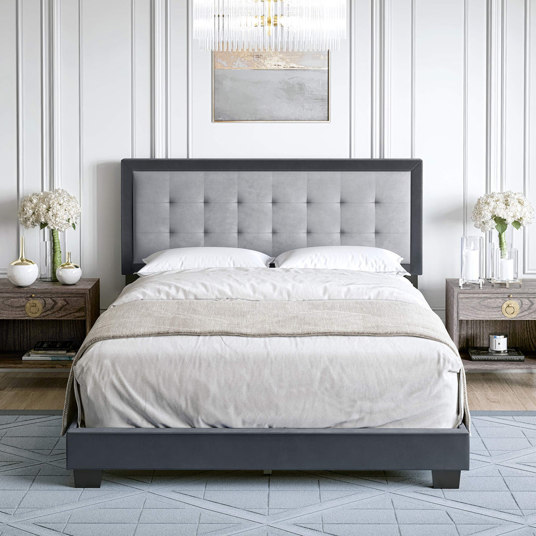 Boyd Sleep Pisa Upholstered Button Tufted Platform Bed Frame Mattress Foundation Grey - Queen